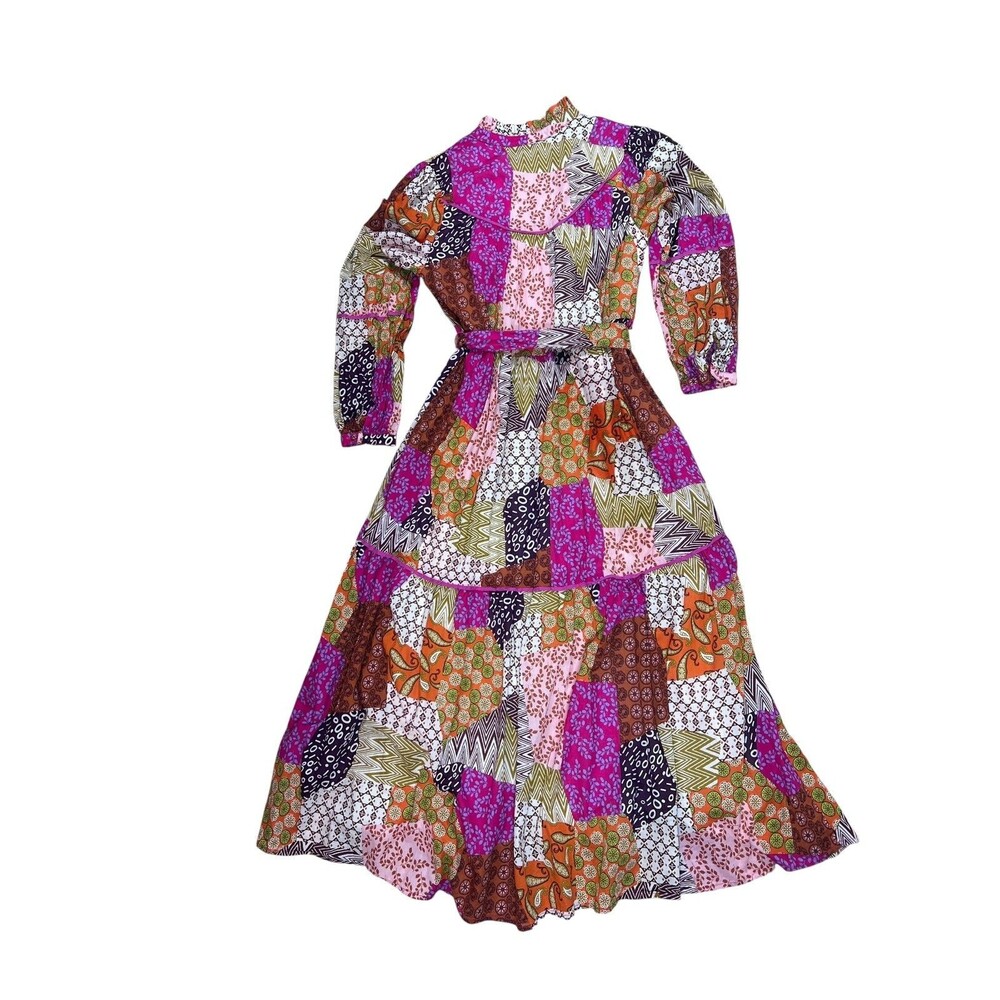 Fate Patchwork Boho Midi Maxi Dress Medium Cotton Belted Tiered Pockets 50" - Picture 4 of 13